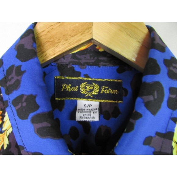 Phat Farm Shirt Mens Small Blue Black Baroque Leopard Short Sleeve Button Front - Picture 3 of 11